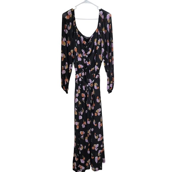 AVA & VIV Size 2X Black Floral Mesh Maxi Dress, Long Sleeve, Tie Waist - Picture 1 of 11